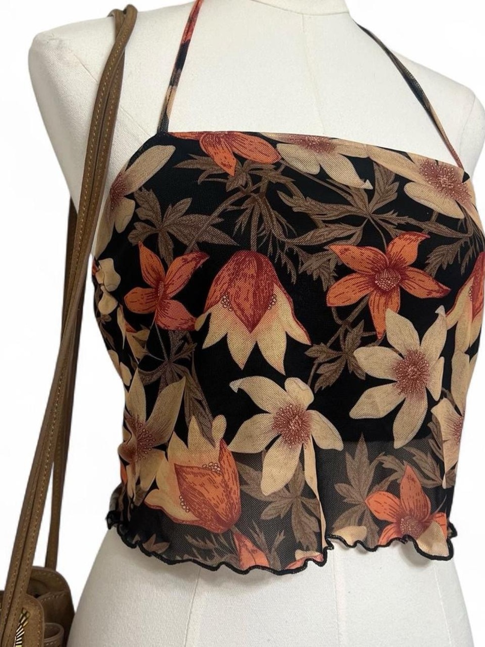 Floral halter tank top orange beige yellow black indie fall autumn boho earthy